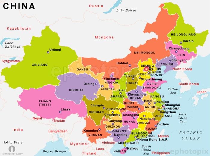 Mapa Chin z państwami