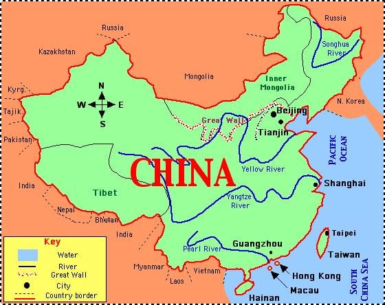 Chiny mapa z rzekami i górami