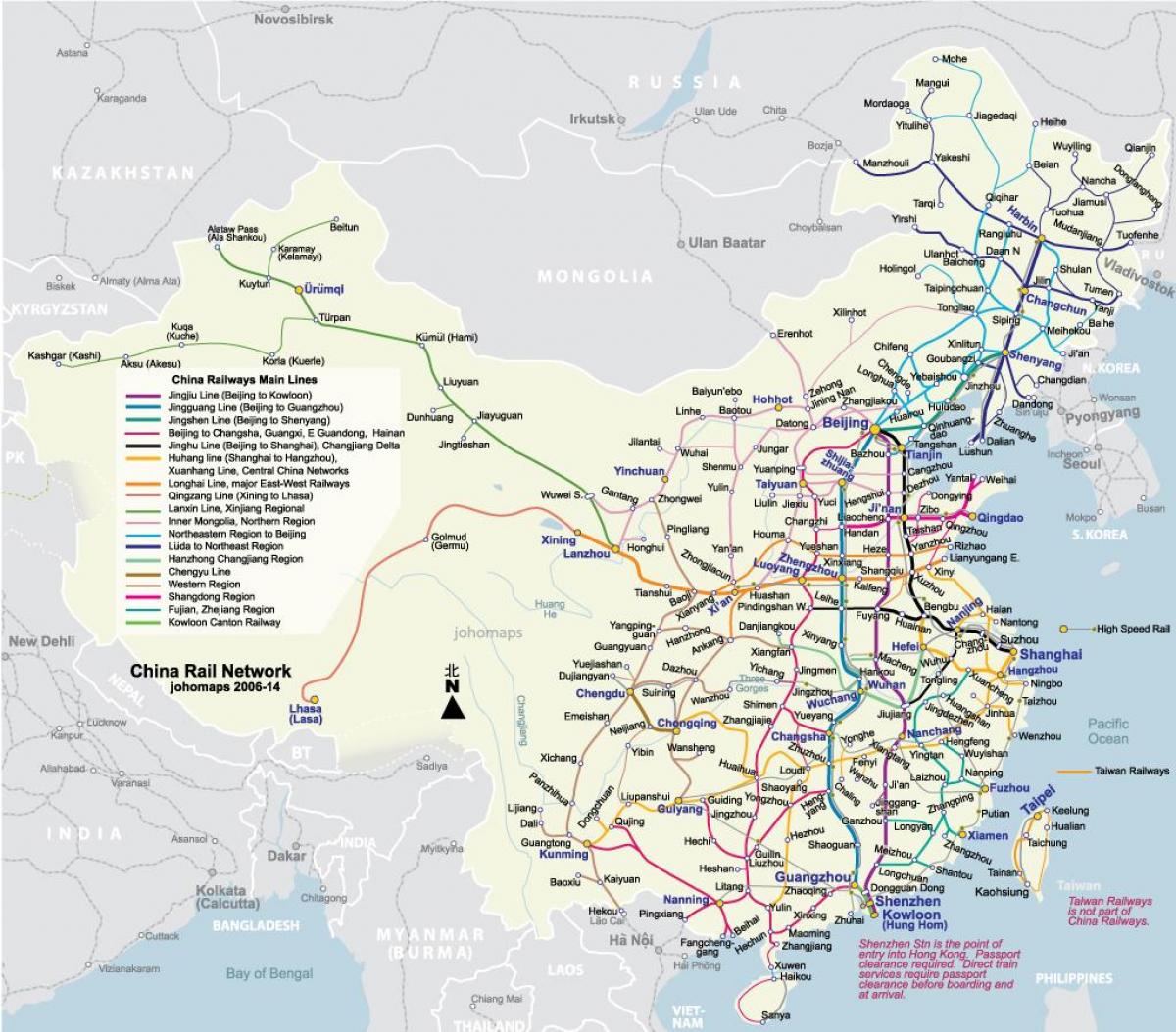 mapa linii kolejowych w Chinach