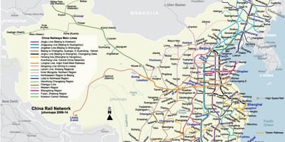 Mapa linii kolejowych w Chinach